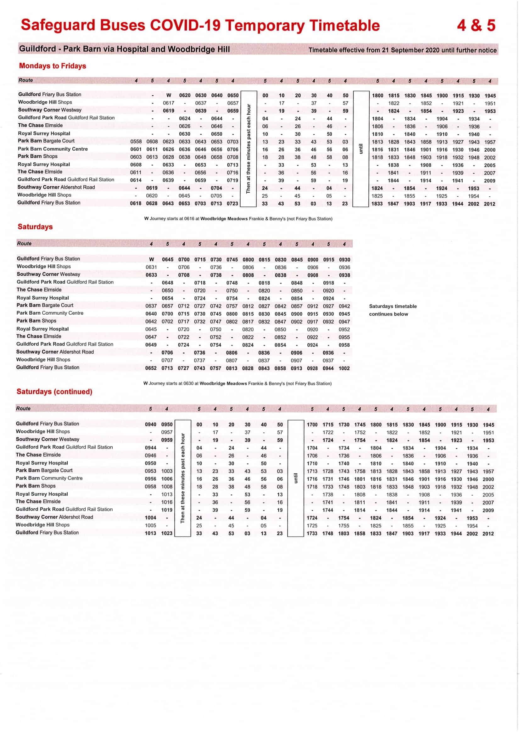 Guildford Bus Routes 4 & 5 Timetables